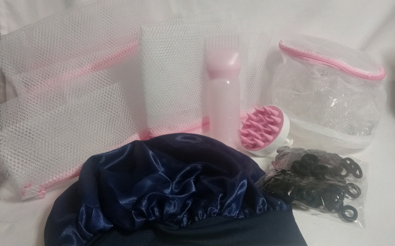 New | Women's Hair and Beauty Lot | Includes Hakr Oil Bottle, Scalp Massager, Bonnet, Mini Hair Elastics & 4 Different Sized Storage Bags