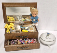 Great Vintage Jewerly Box Filled with Kid's Jewelry & Holly Hobby Trinket Box & Doll