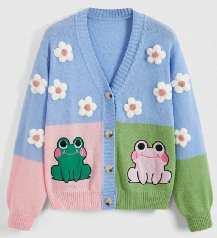 New Size 2XL Romwe Kawaii Embroidered Frog & 3D Floral Colorblock Knit Cardigan | Retails $55