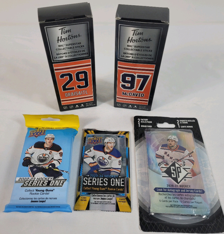 2021 - 2024 Upper Deck NHL Hockey Trading Card Sealed Packs & Tim Hortons McDavid & Draisaitl Collector Sticks