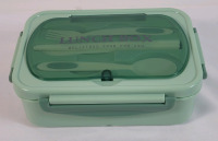 New - Divided Green Plastic Lunch Box w/Cutlery . Measures 8 1/4"&times;5.5"&times;3"