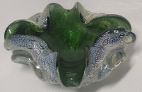 Vintage MURANO Green Silver Fleck Biomorphic Bowl / Ashtray , 5"