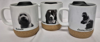 3 New Ceramic Lidded Travel Tumblers with Dog Pictures - Cork Bottoms