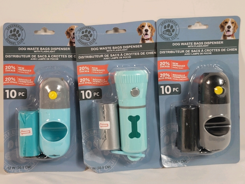 New - Three (3) Dog Waste Bags Dispenser w/Flashlight . Includes 10 Waste Bags