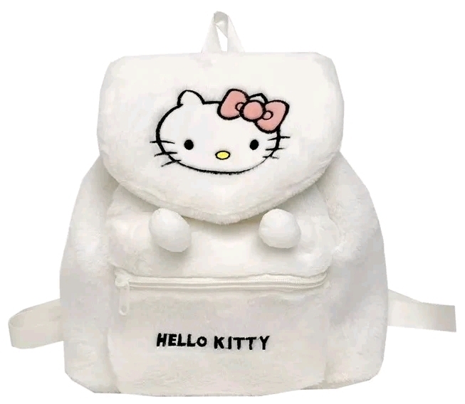 New Super Soft Faux Fur HELLO KITTY Backpack with Embroidered Details 11" x 5" x 10" Tall