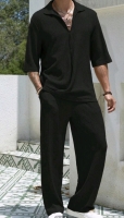 New sz 1XL Manfinity Loose Fit Men's Solid Color V-Neck Shirt & Pants Set