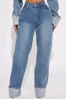 New sz 9 Women's Influential Sparkle Baggy Straight Leg Jeans by Fashion Nova - Medium Wash Retails for $60