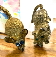 Articulated Vintage Cat / Mouse Brooches With Rhinestone Eyes