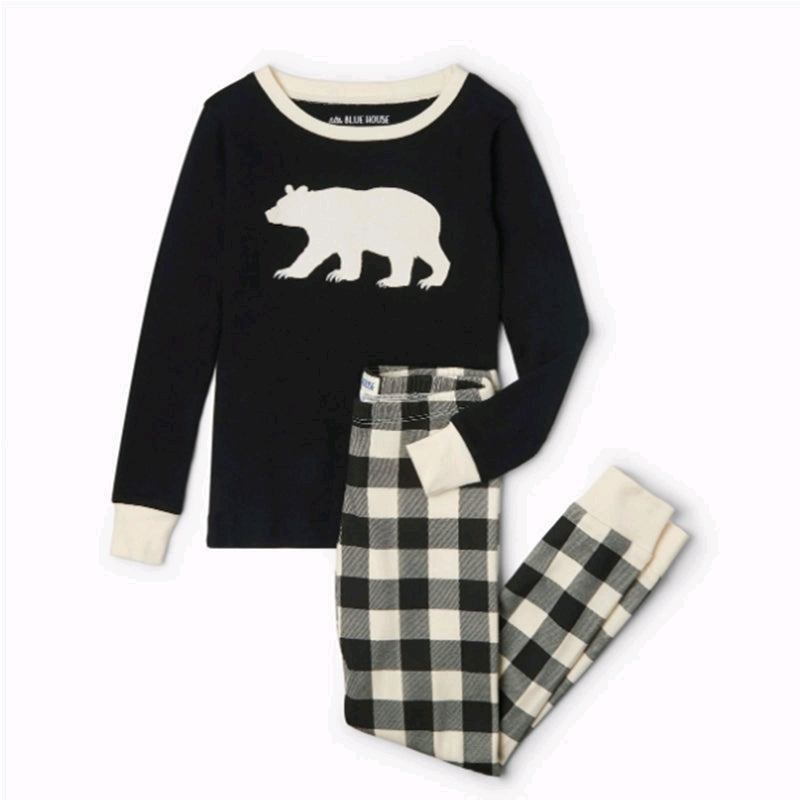 New Kids 4-6t Pajama Village Black & Cream Plaid Bear Pajamas