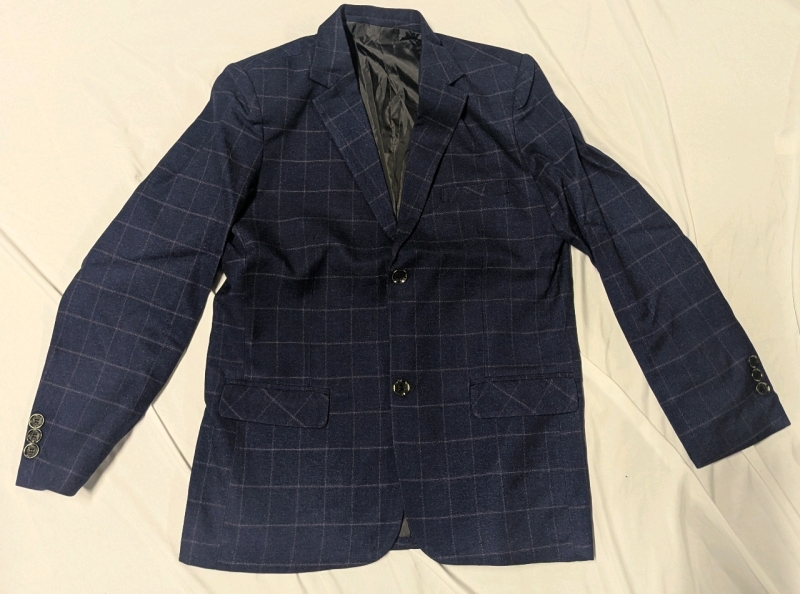 New: Men's Blue Checked Blazer - No Size - 18" Shoulder to Shoulder - 13" Top to Bottom Back