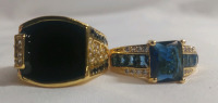 New Men's Size 12 Gold Toned Rings w/ Blue and Black Gems