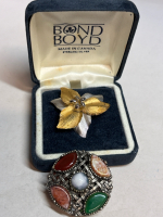 Bond Boyd Vintage Sterling Silver & Gilted Gold Trillium Flower Brooch Original Box Celtic Agate Scarf Clip