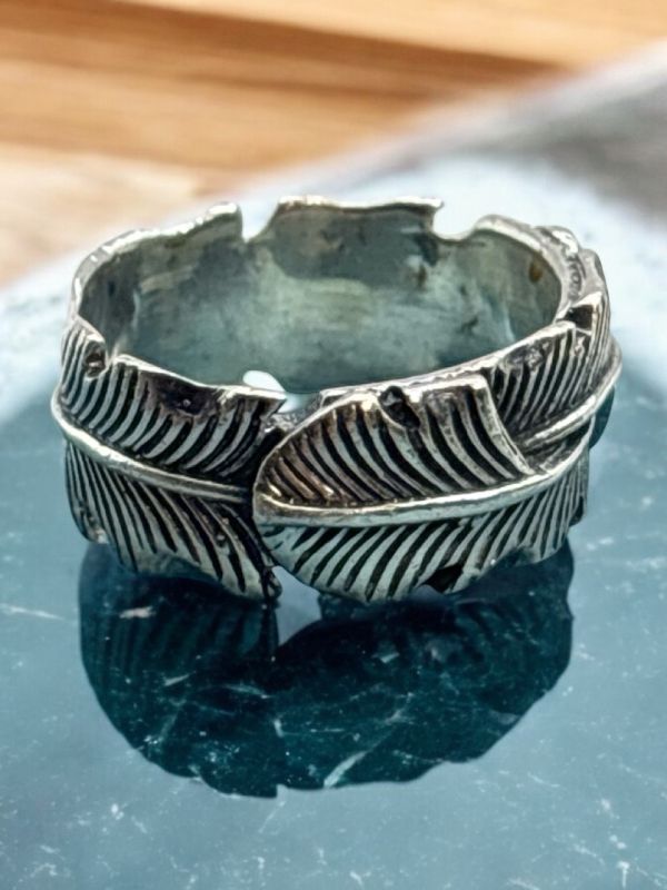 925 Sterling Silver Wide Feather Ring Band Size 5.5