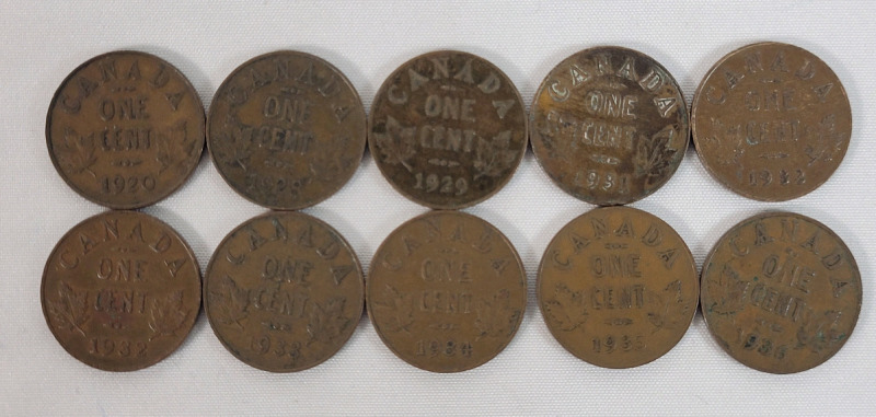 1920 - 1936 Canadian King George V Small Cent Pennies . 1920 , 1928 , 1929 , 1931 , 1932 &times;2 , 1933 , 1934 , 1935 & 1936 . Ten (10) Coins
