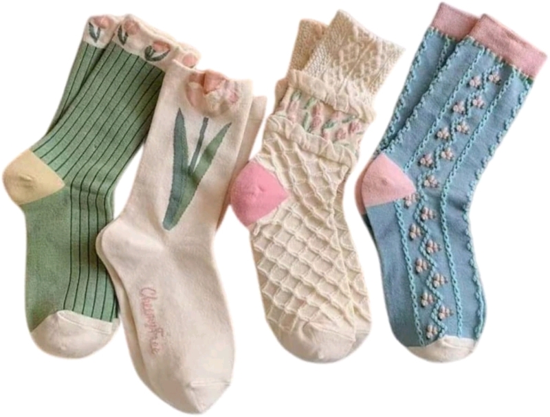 4 New Pairs Size 5-9 Ladies Cheery Face Cute Spring Flowers & Tulip Socks