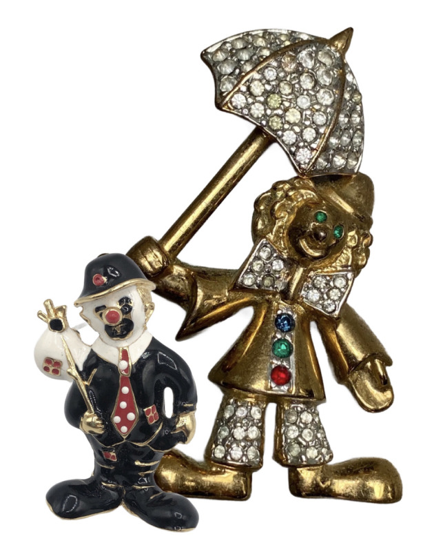 Signed Puccini Sparkling Diamant&eacute; & Rhinestone Brooch / Enamel Fabulous Traveling Clown W/ Knapsack