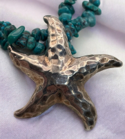925 Sterling Israel Handmade REGINA LANE Hammered Starfish Pendant Turquoise Chain Necklace Signed