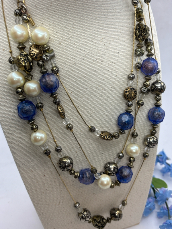 Signed Blue Gold Foil & Faux Pearl Long Necklace With New Fabric Display Stand Designer Dabby Reid