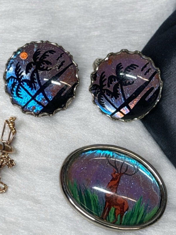 Stag Lucite Domed Brooch Rare Morpho Subject / Beach Scene Striking Morpho Earrings