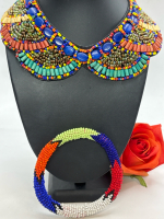 Vtg Native American Navajo Hand Beaded Bangle Bracelet Statement Beaded Aztec Sun Scalloped Beaded Collar.