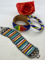 3 Colourful Beaded Bracelets Leather Lined Statement/ Kenya Maasai Bangle Wide Hook Over Clasp Bracelet