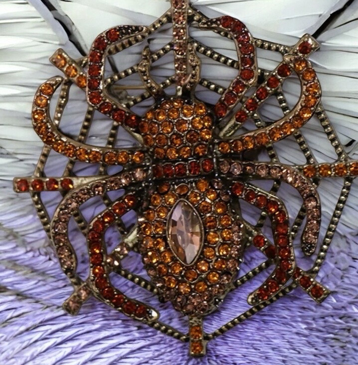 Elegant Oversized Rhinestone Spider On Web Brooch Stunning