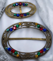2 Czechoslovakian Brass Filigree Buckles Multi Colored Rhinestones Vintage c.1930's