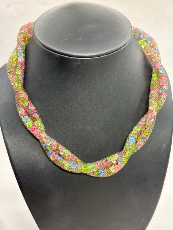 Gold Filled Double Strand Mesh Necklace Filled With Colourful Crystals