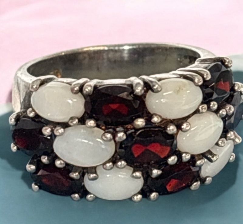 Vintage Sterling Silver 925 Multiple Opal and Garnet Ring Size 8 Art Deco Signed