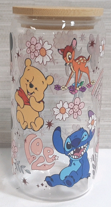 New Disney Themed Glass Cup with Wooden Lid
