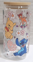New Disney Themed Glass Cup with Wooden Lid