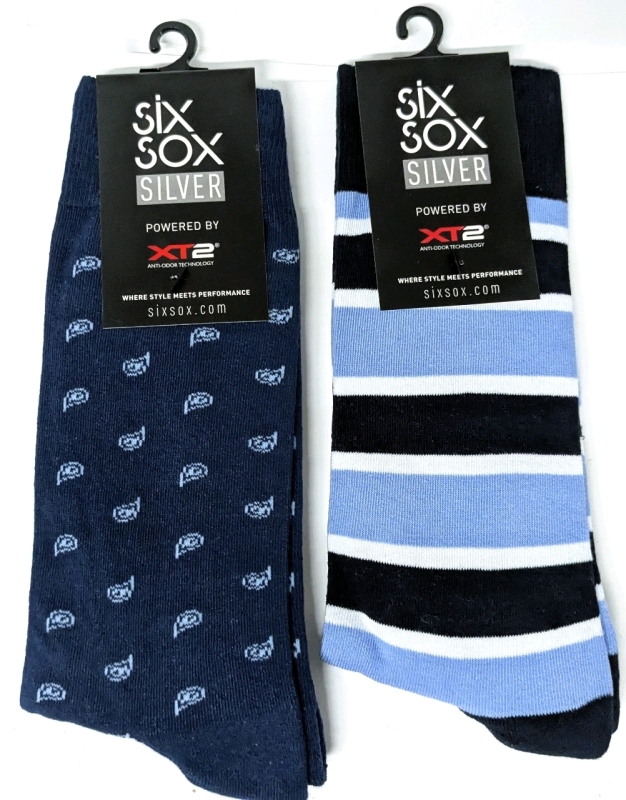 2 New Size 7-12 Men's X2 Six Socks Silver Cotton Blend Socks : Paisley Blue & Alumni Blue