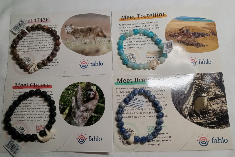 New | 4 FAHLO Animal Conservation Foundation Polished Stone Expansion Bracelets with Tracking Codes: 1743F, Churro, Tortellini & Braveheart