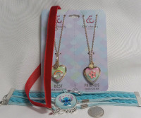 New | Pre-Teen Jewelry Lot | Comes w/ Best Friend Necklace Set, Stitch Bracelet & Red Ribbon Necklace