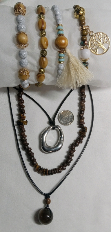 New | Woman's Wood/Nature Themed Jewelry Lot | Includes 4 Bracelets and 3 Necklaces | Largest Item Measures 19"