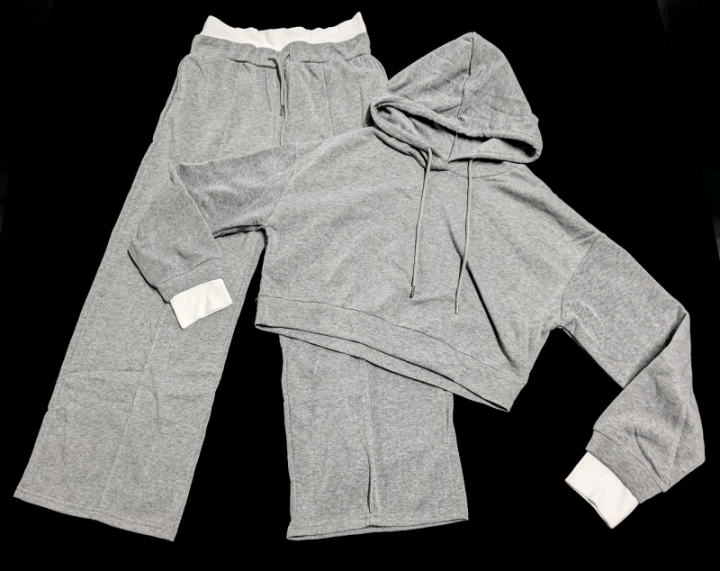 New Size XL Women's 2-Piece Grey Crop Hoodie & Wide Legs Drawstring Track Pants Set
