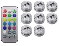 New - 8Pc Wireless Colorful LED Interior Ambient Light w/Remote Control . Battery Operated Mini Lantern Decoration . Each Light measures 1 1/8" diameter