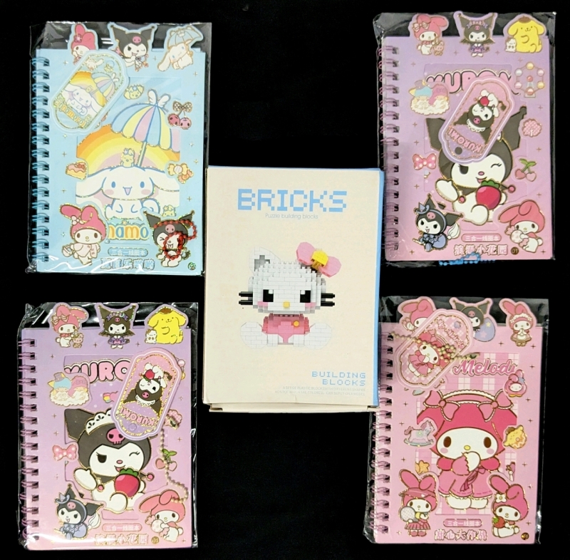 4 New Kuromi, Melody, Cinnamoroll Notebooks & New Hello Kitty Puzzle Building Block Kit | Notebooks 4.4" x 6" ea
