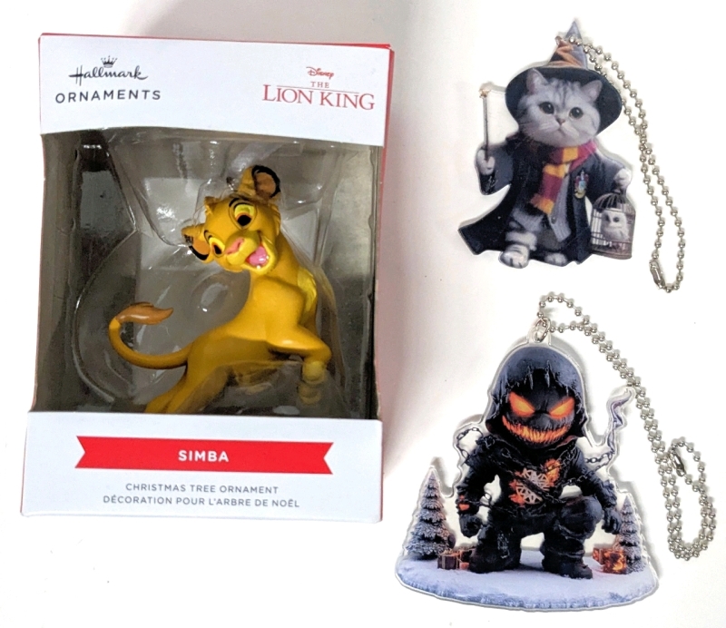 New Hallmark 3D Lion King Young Simba Ornament (3") & Two 2D Acrylic Ornaments: Harry Potter Cat & Spooky Holiday Dude (3.4")