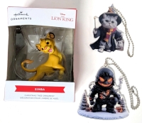 New Hallmark 3D Lion King Young Simba Ornament (3") & Two 2D Acrylic Ornaments: Harry Potter Cat & Spooky Holiday Dude (3.4")