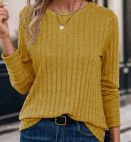New - Sz. Large Women's Solid Color Round Neck Long Sleeve Ribbed Casual T-Shirt