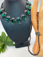 Signed Greta Garbo Green faceted Glass Art Deco Style Clear Rhinestone Necklace Smoky Quartz Toggle Necklace