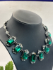 Signed Greta Garbo Green faceted Glass Art Deco Style Clear Rhinestone Necklace Smoky Quartz Toggle Necklace - 3