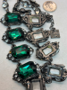 Signed Greta Garbo Green faceted Glass Art Deco Style Clear Rhinestone Necklace Smoky Quartz Toggle Necklace - 5