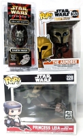 New STAR WARS : Funko Pop #228 Princess Leia w Speeder Bikt Bobble-Head, Mandalorian #353 The Armorer Bobble-Head & Sealed 1999 Episode I Die-Cast Darth Maul Watch