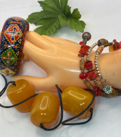 Tibetan Wrap Bracelet / Egyptian Bangle / Large Egg Yolk Amber Necklace