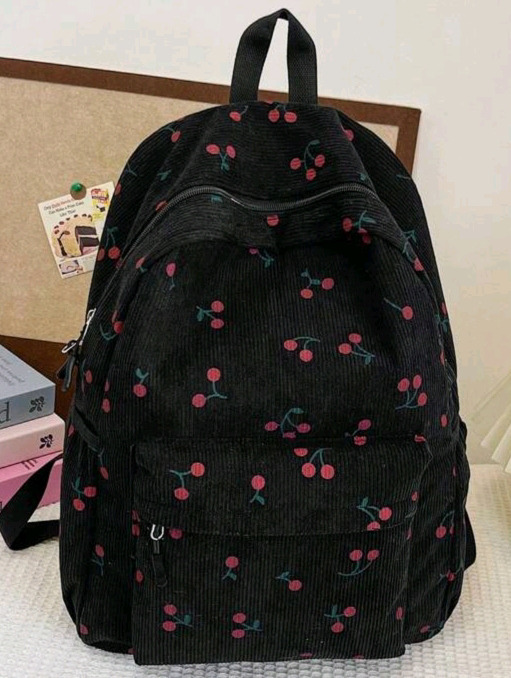 New | Womens Corduroy Casual Fresh Cherry Blossom Print Backpack
