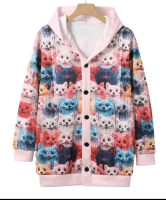 New sz Large Women's Button Up Hoodie - Knitted Cat Print