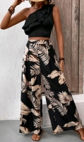 New Size XS Women's Black Pleated One Shoulder Top with Wide Leg Lightweight Tropical Pants w Elastic Waist Set
