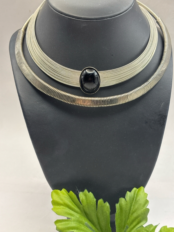 Two Hard Collar Necklaces One with Oval Black Stone + Second Wide Omega